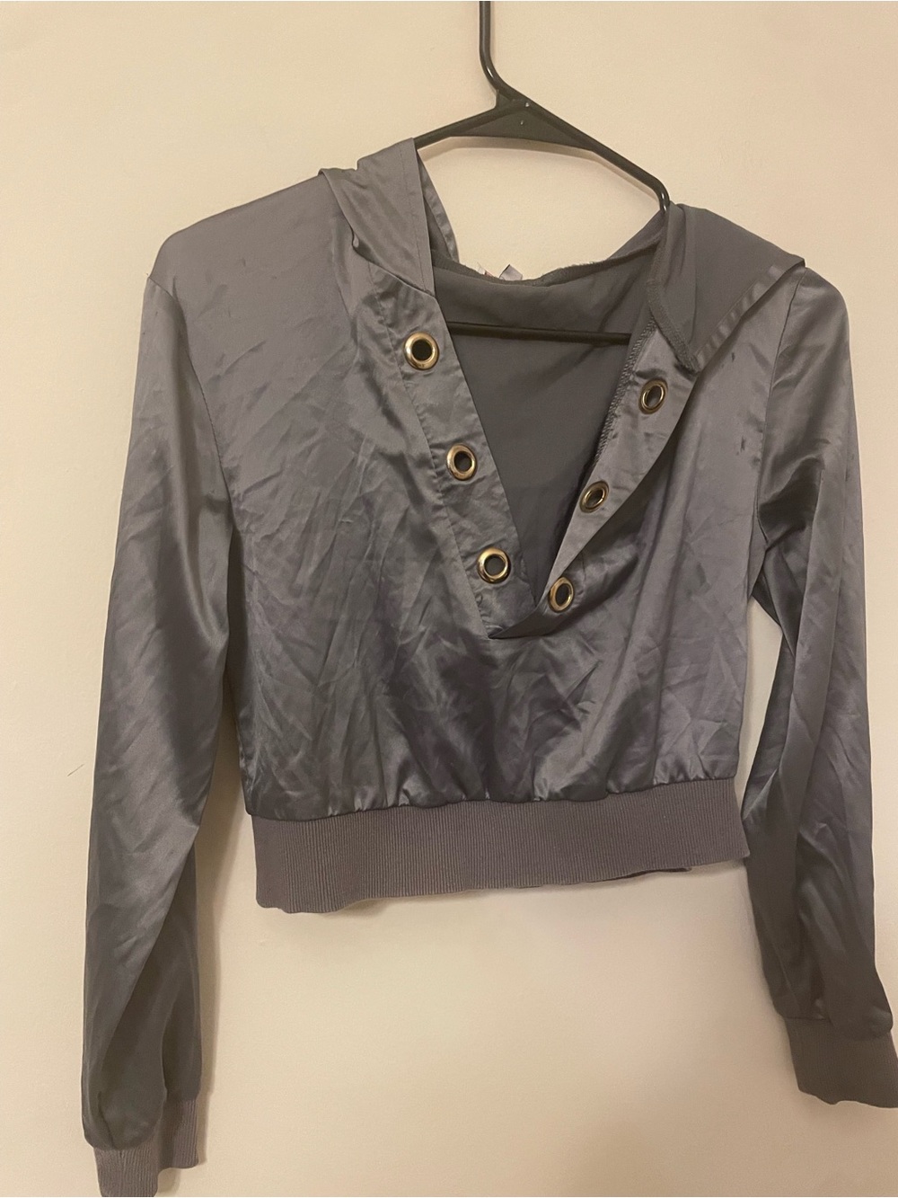 Satin-Style Hooded Crop Sweatshirt with Grommet Detail - Gray
